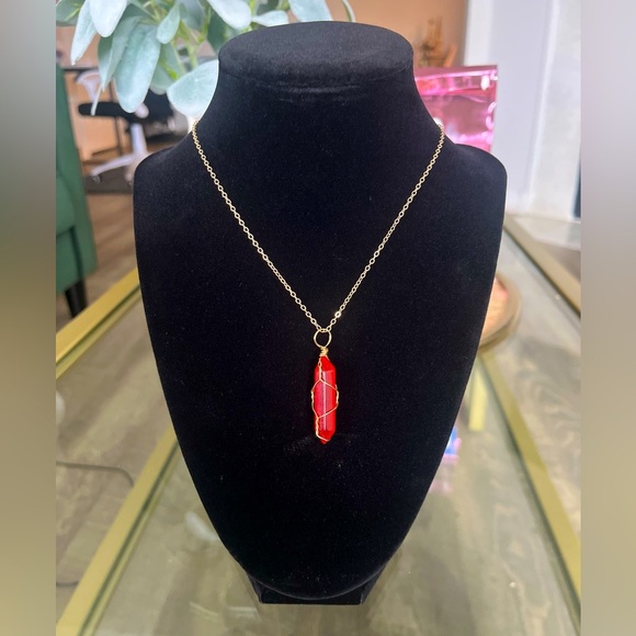 Red Quartz Wire Wrapped Crystal Necklace - Picture 6 of 6